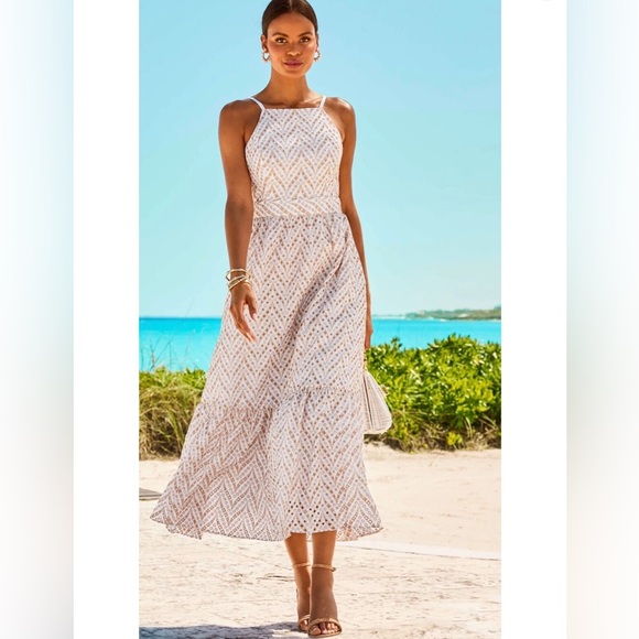 charlese eyelet halter maxi dress Charlese Eyelet Tiered Cotton Maxi Dress (Women)